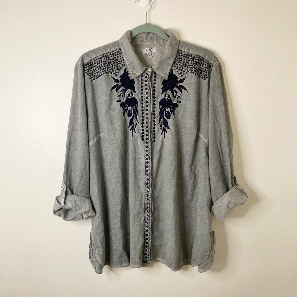 Boho Embroidered Floral Gray Tunic Blouse 100% Cotton Chic Connection Plus 3X
